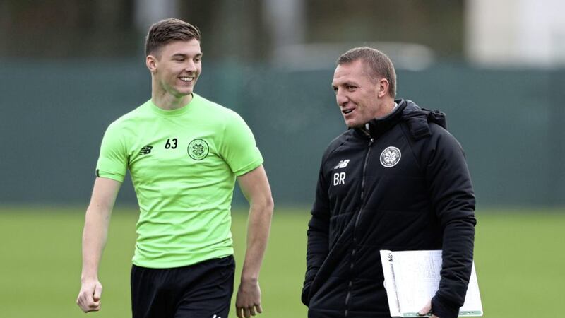 Celtic manager Brendan Rodgers with Kieran Tierney during the training session at Lennoxtown, Glasgow. PRESS ASSOCIATION Photo. Picture date: Monday October 30, 2017. See PA story SOCCER Celtic. Photo credit should read: Andrew Milligan/PA Wire.. 