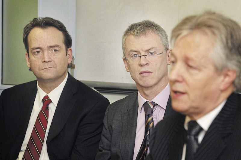 Former DUP leader Peter Robinson pictured with Joe Brolly and Shane Finnegan, who he donated a kidney to in 2012. Picture by Hugh Russell 