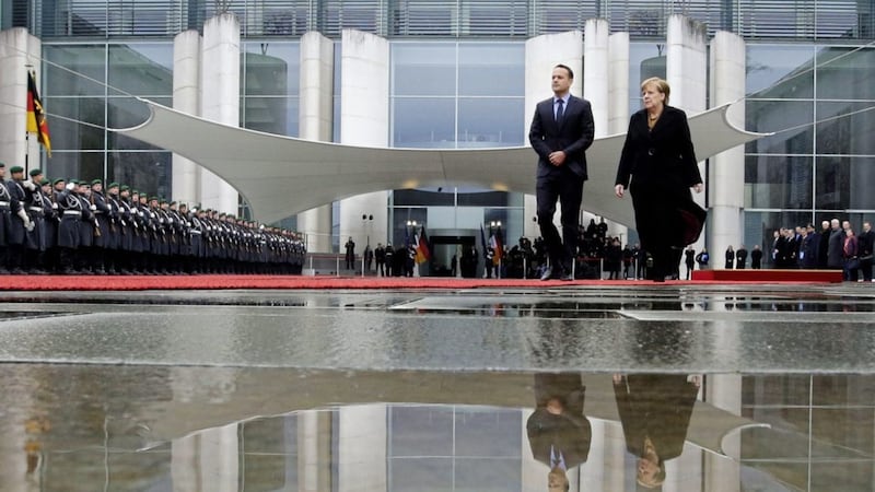 German Chancellor Angela Merkel, right, welcomes Taoiseach Leo Varadkar, left, for talks at the chancellery in Berlin, Germany on Tuesday March 20 PICTURE: Markus Schreiber/AP 