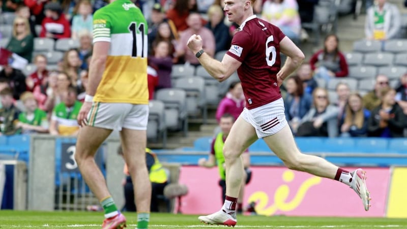 Westmeath&#39;s Ronan Wallace celebrates his goal in Tailteann Cup semi-final between Westmeath and Offaly on Sunday 