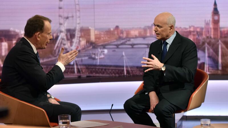 Former Work and Pensions Secretary Iain Duncan Smith, right, appearing on the BBC One current affairs programme, The Andrew Marr Show. Picture by Jeff Overs, BBC/Press Association