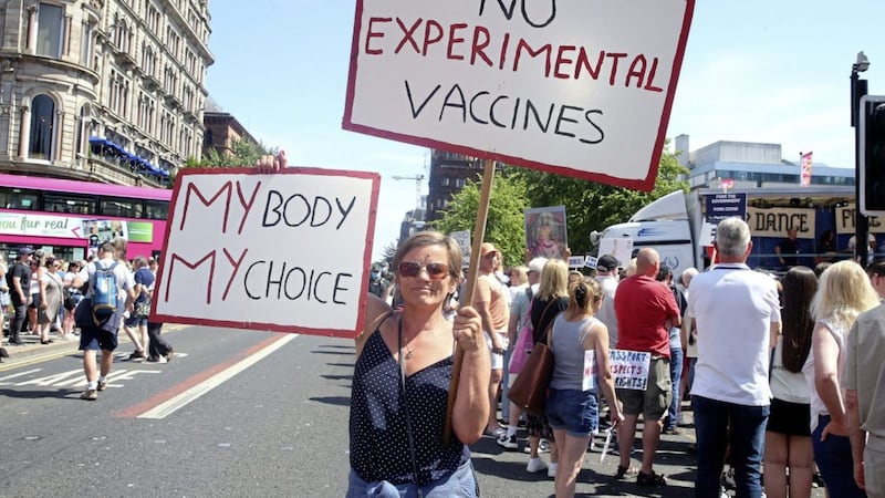 Protesters against Covid vaccinations gathered at Belfast City Hall last month. Pictures Mal McCann. 