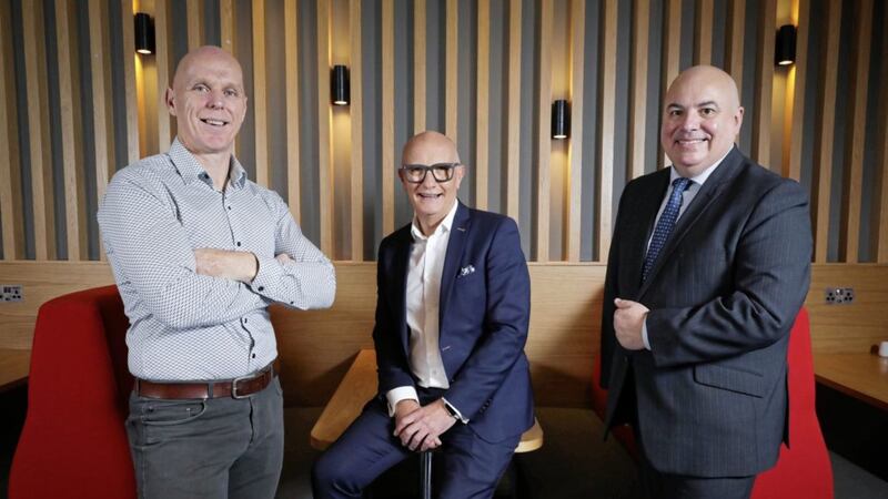 Pictured before distancing restrictions are (from left) Hospitality Ulster&#39;s Tony O&rsquo;Neill (vice-chair) Colin Neill (chief executive) and Danny Coyles (chair). Picture: Kelvin Boyes/PressEye 