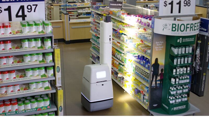 The robot roams the aisles to check stock.