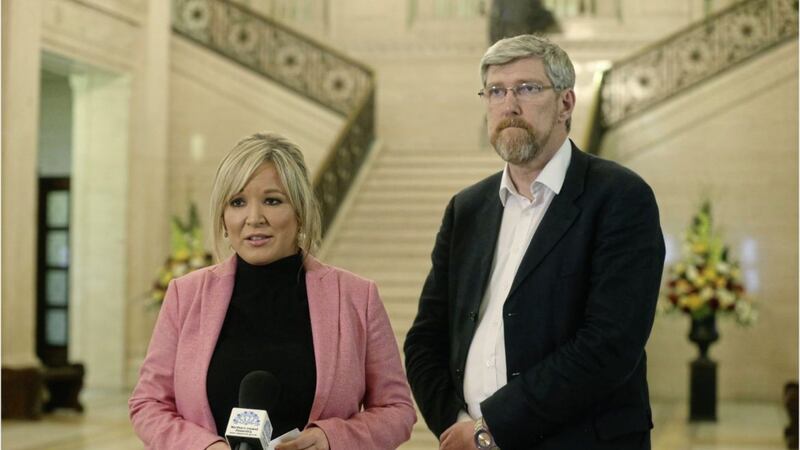 Michelle O&#39;Neill and John O&#39;Dowd at Stormont. Picture by Hugh Russell. 