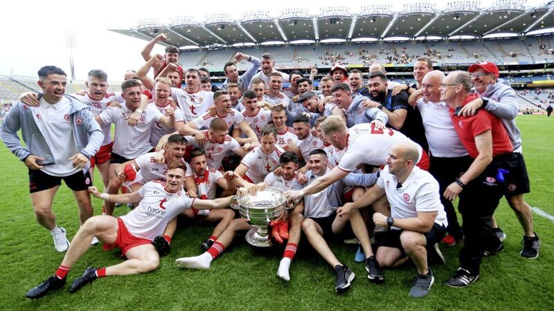 Champions. Tyrone celebrate in Croke Park after they beat Mayo in the All-Ireland final. Picture: Seamus Loughran 