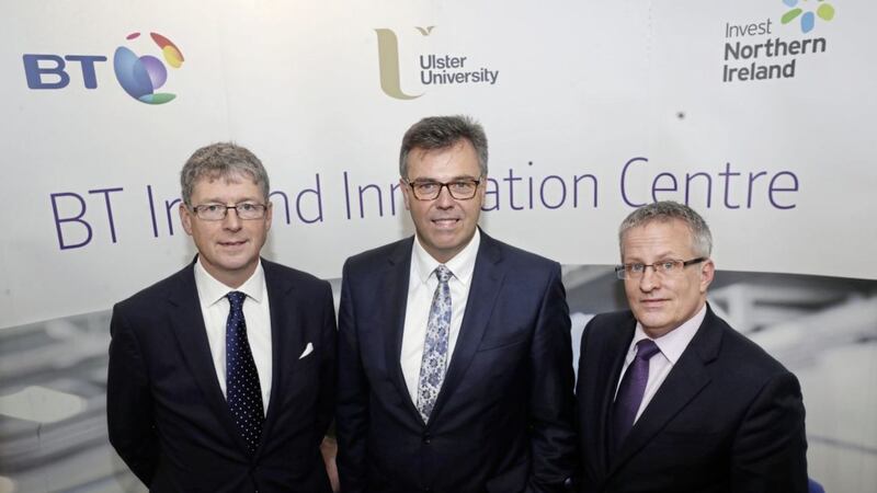 Howard Watson, CEO of BT technology, service and operations, with Alastair Hamilton, CEO of Invest NI, and Ulster University vice-chancellor, Professor Paddy Nixon, at the launch of the multi-million pound BT Ireland Innovation Centre in Belfast.  