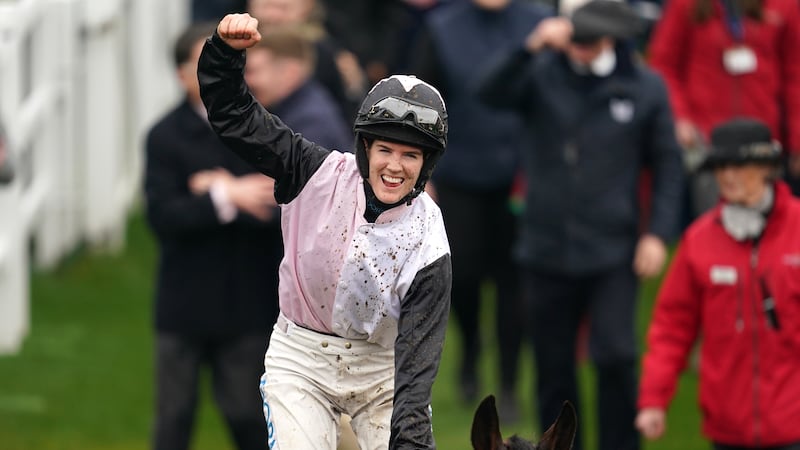 Rachael Blackmore celebrates winning the Sky Bet Supreme Novices' Hurdle with Slade Steel on day one of the 2024 Cheltenham Festival at Cheltenham Racecourse. Picture date: Tuesday March 12, 2024. PA Photo. See PA story RACING Cheltenham. Photo credit should read: Adam Davy/PA Wire.

RESTRICTIONS: Use subject to restrictions. Editorial use only, no commercial use without prior consent from rights holder.