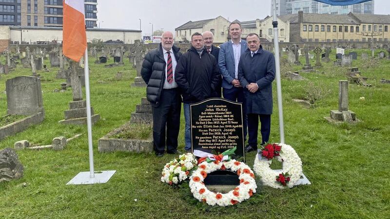 Pictured at a ceremony in London at the grave of John McKay, who died 100 years ago, are (left to right) Milo Crummy, Phil McKay, Se&aacute;n &Oacute;g McAteer, D&oacute;nal McAnallen and Michael McArdle 