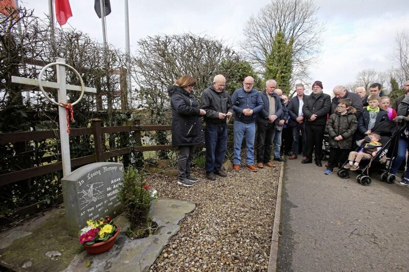 Family and friends of Aidan McAnespie, who was shot dead by a British soldier, gathered yesterday at a memorial erected in his memory near Aughnacloy to mark his 30th anniversary. Picture by Mal McCann. 