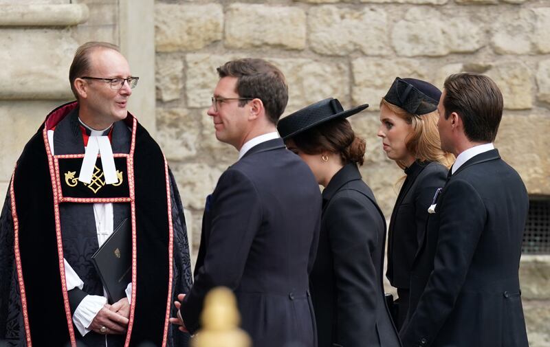Jack Brooksbank, Princess Eugenie, Princess Beatrice and Edoardo Mapelli Mozzi arrive for the State Funeral of Queen Elizabeth II,