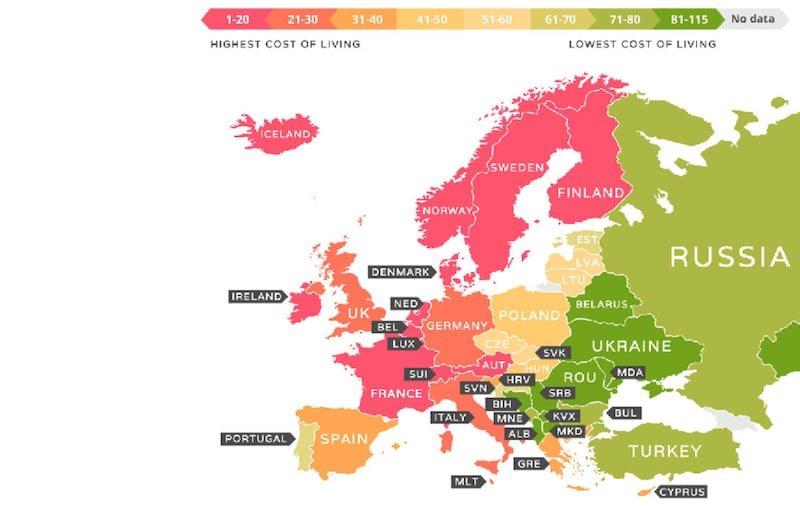 Countries that have a higher cost of living are coloured red while less expensive countries are green. Image: Movehub&nbsp;