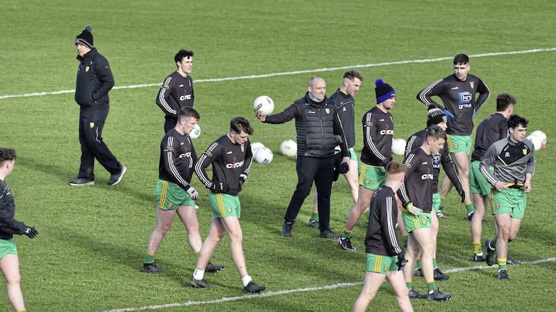 Donegal selector Paddy Bradley (centre) speaks to players before taking on Tyrone in the Division One match at Healy Park, Omagh in early February. Picture Margaret McLaughlin 