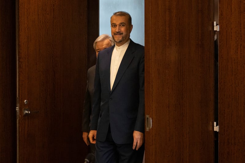 Iran’s Foreign Minister Hossein Amir-Abdollahian arrives for a meeting with United Nations Secretary-General Antonio Guterres at United Nations headquarters on Thursday (AP)
