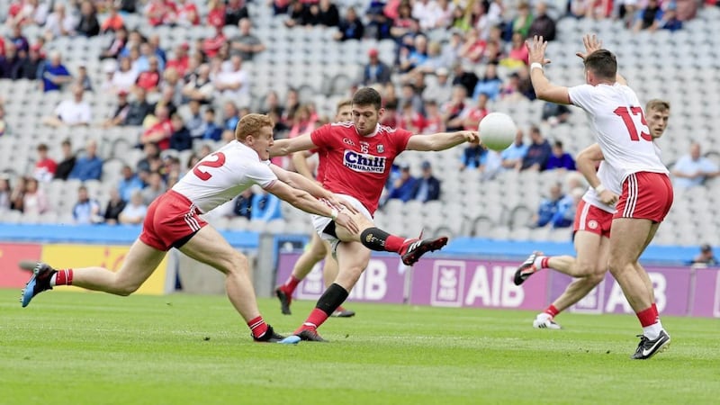 Tyrone&#39;s Peter Harte and Cork&#39;s Luke Connolly in action at Croke Park on Saturday. Picture by Philip Walsh. 