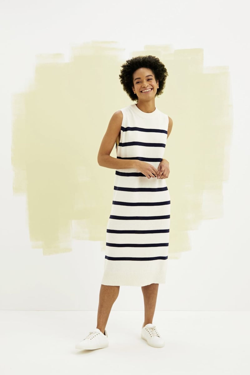 Tu at Sainsburys Nautical Stripe Sleeveless Knitted Dress, &pound;22; White Lace-Up Trainers &pound;18, available from Sainsburys in March