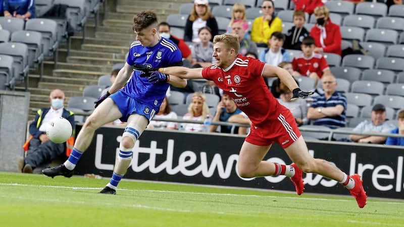 Tyrone&#39;s Michael O&#39;Neill and Monaghan&#39;s Stephen O&#39;Hanlon in action During  the Ulster GAA Football Senior Championship Final between Tyrone and Monaghan at Croke Park Dublin 07-31-2021. Pic Philip Walsh 