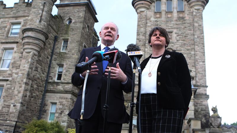 Deputy First Minister Martin McGuinness outside Stormont Castle with First Minister Arlene Foster. Picture by Matt Bohill&nbsp;