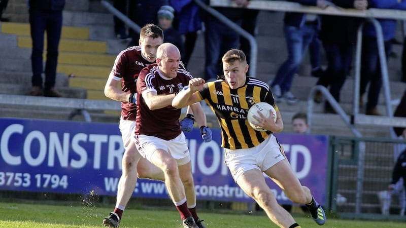 Crossmaglen&#39;s Oisin O&#39;Neill shrugs off Ballymacnab&#39;s Brian McCone in the Armagh Senior Club Football final at the Athletic Grounds on Sunday 20 October 2019. Picture by Seamus Loughran. 