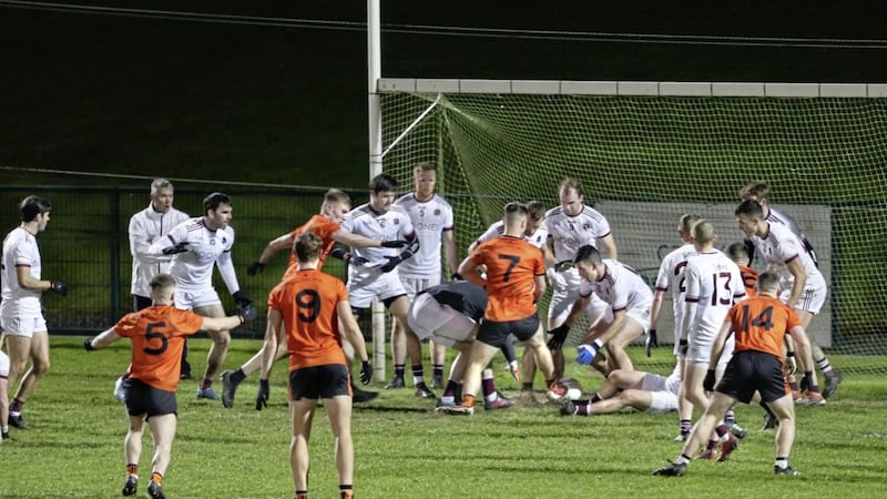 Eamon McGill pokes home Lavey&#39;s injury-time goal that took Slaughtneil to extra-time on Saturday night, but the champions had more attacking quality to drag themselves over the line. Picture by Margaret McLaughlin 