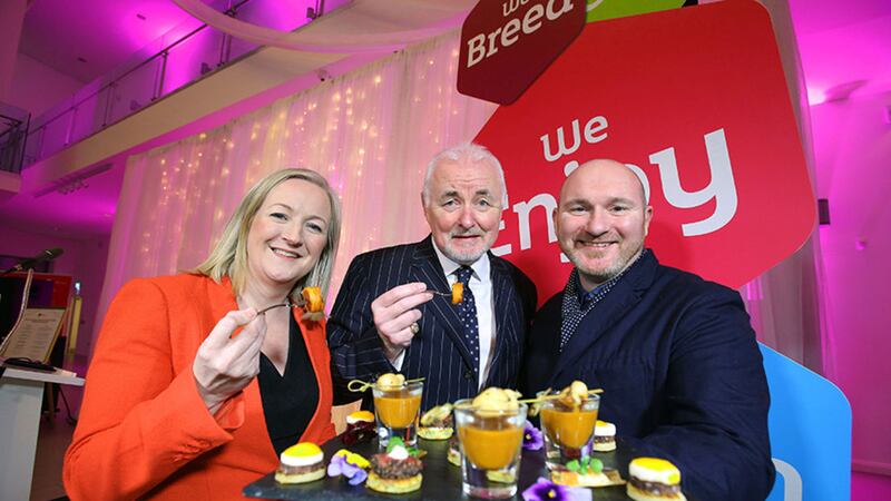 Tourism NI Chairman Terence Brannigan joins Aine Kearney, Director of Business Support and Events of Tourism NI, and Chef Niall McKenna at an event at the Ulster Museum to celebrate the end of the Northern Ireland Year of Food and Drink.&nbsp;Photo by Kelvin Boyes, Press Eye