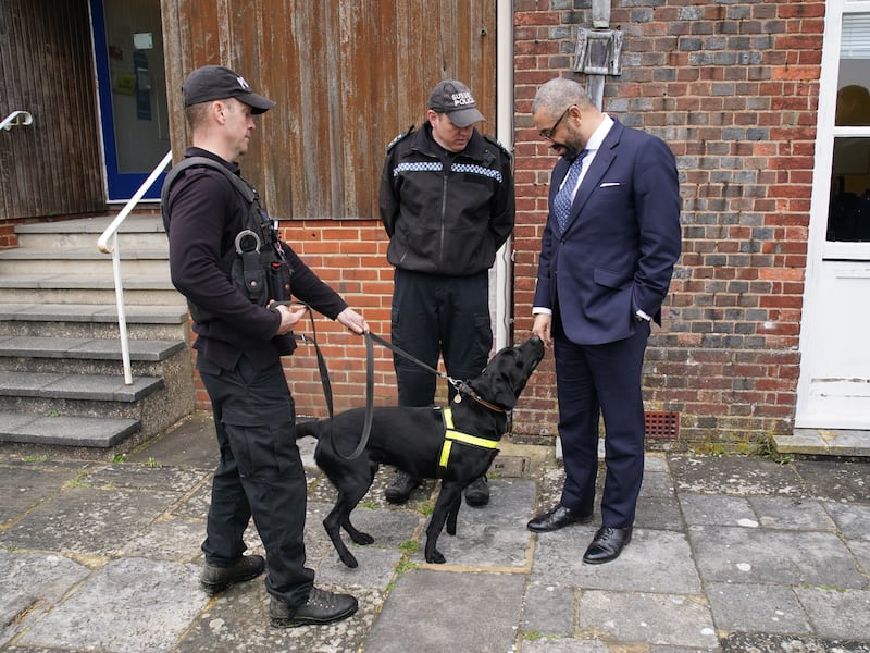 Home Secretary James Cleverly meets a sniffer dog during a visit to Sussex Police Headquarters in Lewes