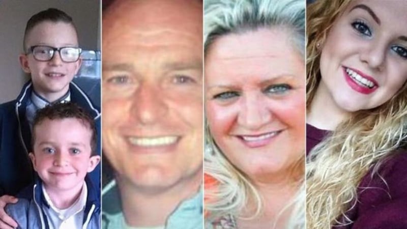 The victims, from left, Mark McGrotty (12) and Evan McGrotty (8), Sean McGrotty (49), Ruth Daniels (57), and Jodie Lee Daniels (14) 