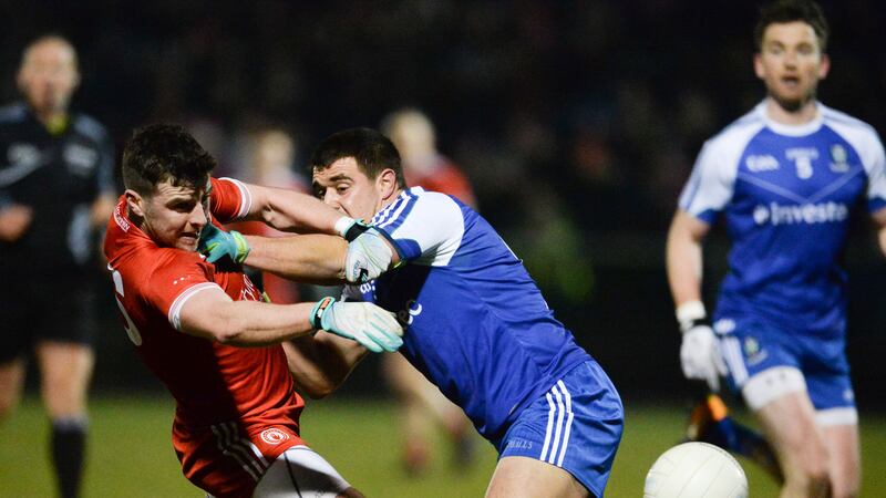 Connor McAliskey (Tyrone) and Drew Wylie (Monaghan) in action at Castleblayney on Saturday evening Picture by Oliver McVeigh (Sportsfile)