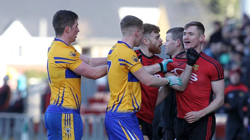 Tempers flare between Down and Clare players during Sunday's Allianz Football League Division Two match in Newry Picture by Philip Walsh