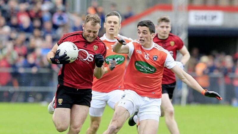 Down's Darren O'Hagan and Armagh's Rory Grugan in action during the Ulster SFC clash between Down and Armagh.<br />Picture by Philip Walsh.