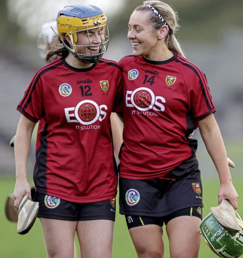 Down's Clara Cowen and Lauren Clarke celebrate their win over Meath in the Liberty Insurance All-Ireland Intermediate Camogie Championship semi-final at St Tiernach's Park, Clones, in county Monaghan on Saturday November 21 2020. Picture by &copy;INPHO/John McVitty.