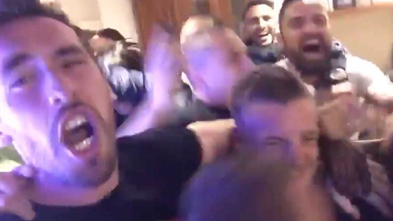 Leicester's players celebrate their title win at Jamie Vardy's house on Monday night &nbsp;