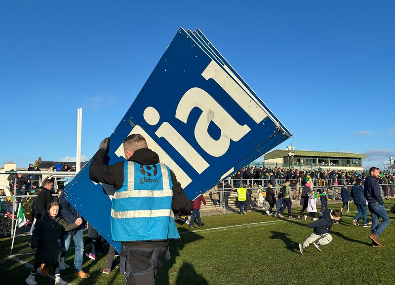 Allianz sponsor boards that were displayed close to the goals are removed at the end of the match between Donegal and Kerry during the National Football League Div 1 match played at Ballyshannon on Sunday 1st of February 2026. PICTURE: MARGARET MCLAUGHLIN