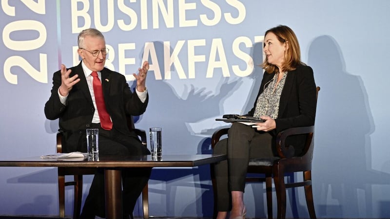 MAKING HIS POINT: Hilary Benn at the business breakfast Q&amp;A with CBI NI director Angela McGowan 