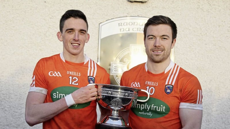 Aidan Forker (right) and Rory Grugan have both skippered Armagh and are seeking more trophies after their &Oacute; Fiaich Cup success <br />Picture by Philip Walsh