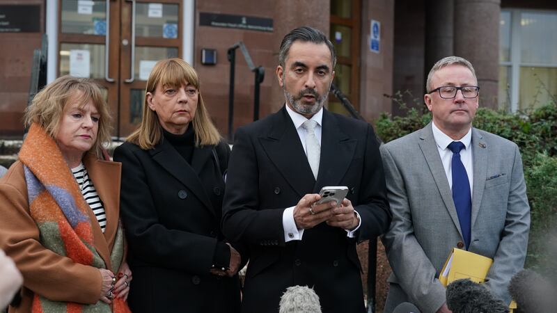 Katie Allan’s parents with Deborah Cole, left, and Aamer Anwar, third left, outside Falkirk Sheriff Court