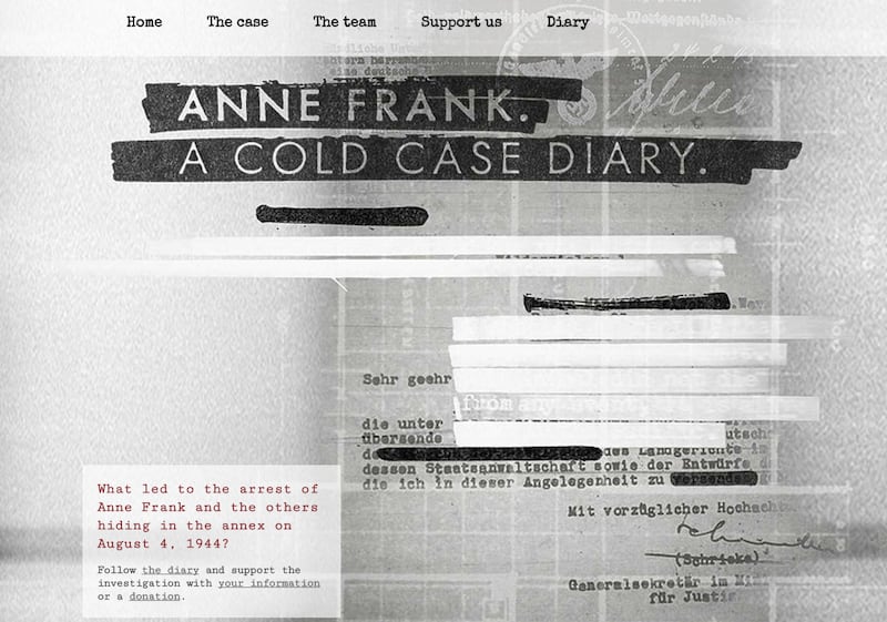 The home page of the website Anne Frank A Cold Case (coldcasediary.com)