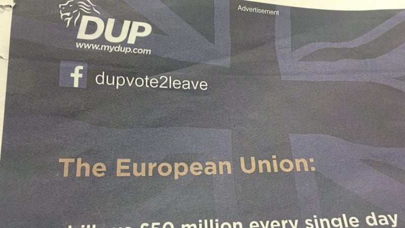 The DUP ad appeared just days before the EU referendum in the Metro newspaper 