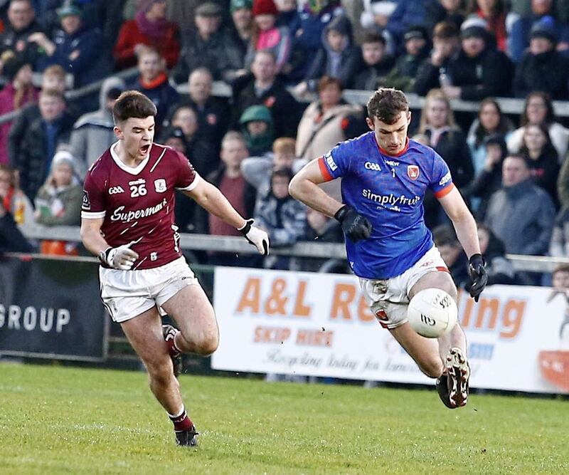 Armagh&#39;s Ethan Rafferty and Galway&#39;s Tomo Culhane during Saturday night&#39;s clash Picture: Philip Walsh. 