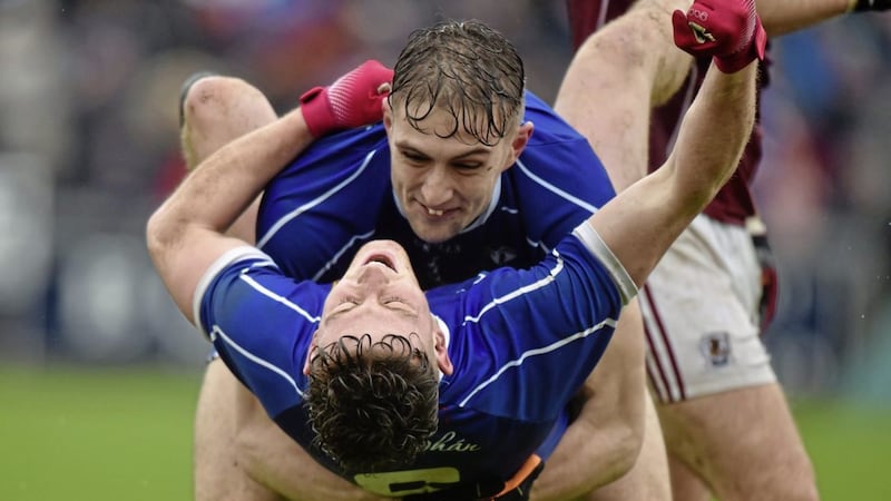 Killian Clarke (top) celebrates Cavan&#39;s win over Galway in a 2016 promotion decider - and he should be involved in the meeting in Salthill tomorrow. 