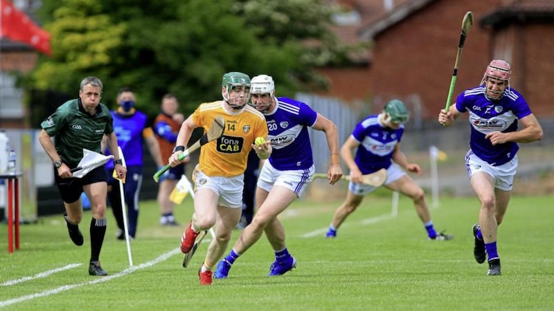 Antrim&#39;s Conal Cunning in action against Ryan Mullaney of Laois in last month&#39;s Allianz Hurling League Division 1B game at Corrigan Park     Picture: Seamus  Loughran. 