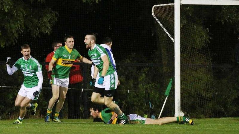Cargin's Donagh McKeever celebrates after finding the net against Creggan in last night's Antrim SFC semi-final clash at Ahoghill