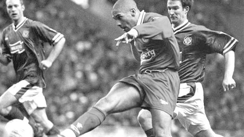 BEST FOOT FORWARD: Liverpool striker Stan Collymore has an unsuccessful attempt on goal against Leicester. Collymore did score the Reds&#39; equaliser against the Foxes though after Steve Claridge had opened the scoring 