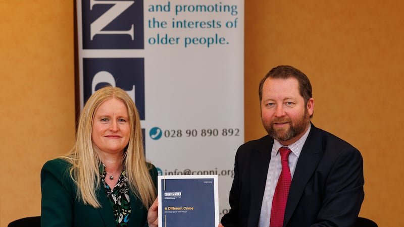 Commissioner for Older People for Northern Ireland, Eddie Lynch, pictured with Commissioner Designate for Victims of Crime, Geraldine Hanna at the COPNI 2023 Crime Report launch meeting.