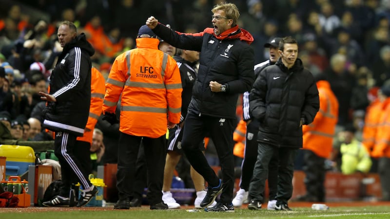 Liverpool manager Jurgen Klopp celebrates in front of the West Brom bench after the late equaliser last Sunday<br />Picture by PA&nbsp;