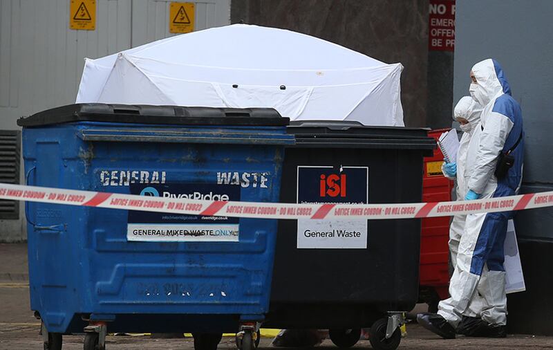 Forensic officers at the scene where a man died in Keylands Place in Belfast. Picture by Hugh Russell<br />&nbsp;