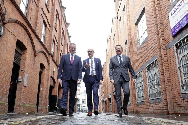 Trade NI leaders: Stephen Kelly, Manufacturing NI; Colin Neill, Hospitality Ulster; and Glyn Roberts, Retail NI .Photo by Kelvin Boyes 