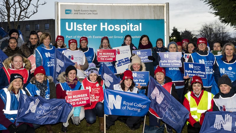 Nurses and supporters gather together on the picket line at the Ulster Hospital, Dundonald this morning. Picture by Liam McBurney/PA Wire&nbsp;