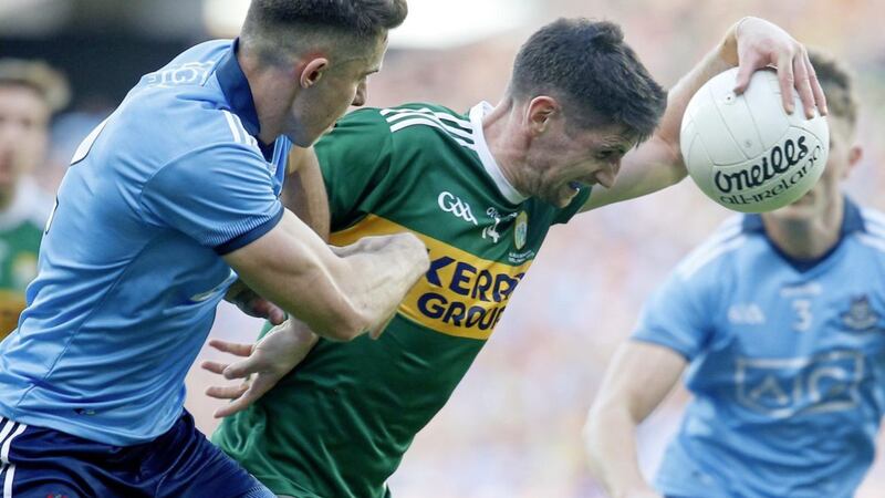 Dublin&#39;s David Byrne and Kerry&#39;s Paul Geaney in action during the GAA Football All-Ireland Senior Championship final Replay between Dublin and Kerry at Croke Park Dublin Saterday 09-14-2019. Pic Philip Walsh. 