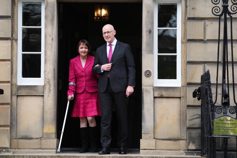 John Swinney, with his wife Elizabeth Quigley, on the steps of Bute House, the official residence of the First Minister